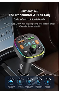Bluetooth Araç Çakmaklık Fm Transmitter Işıklı Mp3 Çalar Type-c Hızlı Şarj Araç Şarj Cihazı