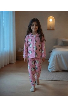 Dolaş Kids Kız Çocuk Pembe Hello Kitty Baskılı Önden Düğmeli Pijama Takımı