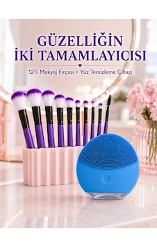 12 Li Mor Makyaj Fırça Seti Ve Silikon Yüz Temizleme Cihazı İkili Makyaj Ve Cilt Bakım Seti - Lisinya