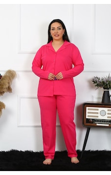 2k Moda Çizgi Kadın Büyük Beden Pamuklu Cepli Düğmeli Fuşya Pijama Takım 202401 001