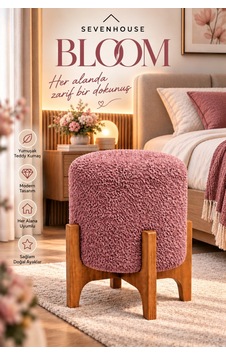 Bloom Çok Amaçlı Dekoratif Puf Ahşap Ayaklı Teddy Kumaş Kaplı Silindir Makyaj Pufu Gül Kurusu Bloom Çok Amaçlı Dekoratif Puf Ahşap Ayaklı Teddy Kumaş Kaplı Silindir Makyaj Pufu Gül Kurusu