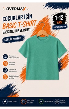 Overmax Çocuk Basic Tişört Baskısız Düz Kısa Kollu Unisex Günlük T-shirt 1-12 Yaş Yeşil - 903023229 Yeşil