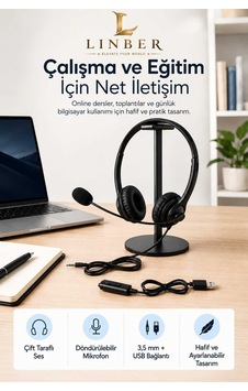 Mikrofonlu Kablolu Bilgisayar Kulaklığı 3,5 Mm Jack Ve Çıkarılabilir Usb Adaptörlü, Çift Kulaklı, Ayarlanabilir Ofis Ve Eğitim Kulaklığı Siyah