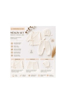 Organik Müslin Yenidoğan 3'lü Hastane Çıkışı Seti Ekru Kimono Üst, Pantolon Ve Şapka %100 Pamuk Bebek Seti Organik Müslin Yenidoğan 3'lü Hastane Çıkışı Seti Ekru Kimono Üst, Pantolon Ve Şapka %100 Pamuk Bebek Seti