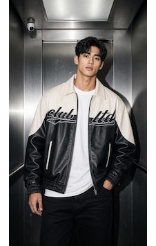 Oksit Club Ltd Nakış Detaylı Vintage Colorblock Gömlek Yaka Deri Bomber Ceket Siyah Oksit Club Ltd Nakış Detaylı Vintage Colorblock Gömlek Yaka Deri Bomber Ceket Siyah