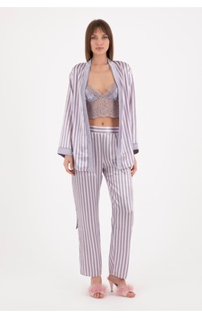 Burcumay Kadın Üçlü Çizgili Sabahlıklı Gri Saten Pijama Takımı Gri Burcumay Kadın Üçlü Çizgili Sabahlıklı Gri Saten Pijama Takımı Gri