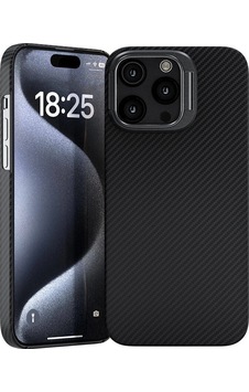 Apple Uyumlu iPhone 15 Pro Max Kılıf M-safe Şarj Özellikli 600d Kevlar Zore Krek Karbon Standlı Kapak