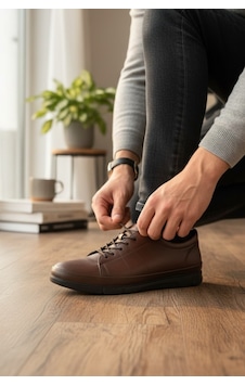 Enoch Hakiki Deri Kahve Klasik Bağcıklı Erkek Sneaker Ayakkabı Ortopedik Taban Kahverengi