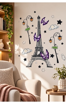 3d Renkli Eyfel Kulesi Duvar Stickerı 32x50 Cm Mor Kelebekli Paris Temalı Oda Duvar Dekorasyonu
