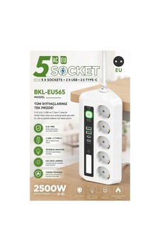 5 Li Akım Korumalı Priz 2500w 2 Usb + 2 Type-c Hızlı Şarj Led Gece Lambalı Dokunmatik Beyaz - 924469238
