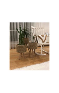 3'lü Ayaklı Saksı Hasır Jüt Ip Saksı Bej Bej