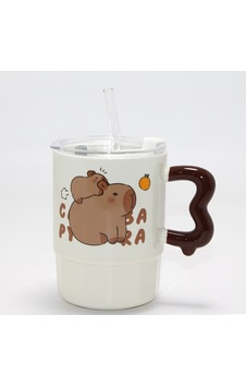 Sevimli Capybara Figürlü Kapaklı Porselen Kupa Bardak Çok Renkli Sevimli Capybara Figürlü Kapaklı Porselen Kupa Bardak Çok Renkli