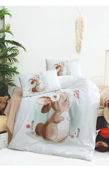 Kız Bebek Ekru Kahve Tavşan Desenli Bebek Nevresim Takımı 100x150cm Çok Renkli