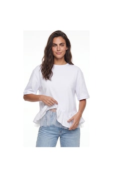 Onloox Kadın Beyaz Beyaz Pamuklu Bisiklet Yaka Kısa Kollu Oversize Alt Kısmı Volanlı Ve Tül Detaylı T-shirt Onloox Kadın Beyaz Beyaz Pamuklu Bisiklet Yaka Kısa Kollu Oversize Alt Kısmı Volanlı Ve Tül Detaylı T-shirt