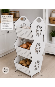 3 Katlı Mdf Soğan & Patates Saklama Rafı Dekoratif Mutfak Organizeri 33x 68 Cm 3 Mm Ahşap - Beyaz
