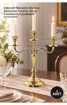 1 Adet Pirinç 3'lü Şamdan Dekoratif Masaüstü Mumluk, Şamdanlık Tasarım, Brass Candlestick Candelabra Sarı