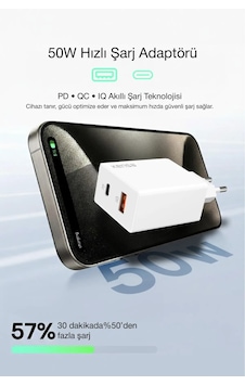 50w Pd Çift Çıkışlı Hızlı Şarj Başlığı Usb-c + Usb-a, Akıllı Güvenlik Çipli 1 Adet