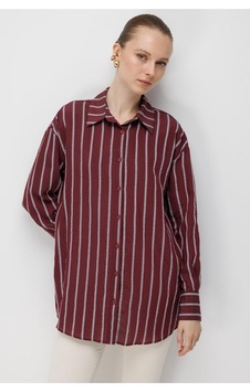 Mizalle Çizgili Oversize Mürdüm Viskon Gömlek Mizalle Çizgili Oversize Mürdüm Viskon Gömlek