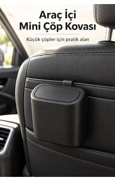 Araç İçi Mini Kapaklı Çöp Kovası Askı Aparatlı Siyah Araç İçi Mini Kapaklı Çöp Kovası Askı Aparatlı Siyah
