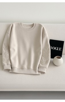 Femelle Bej Kolları Boncuk Ve Taş İşlemeli %100 Pamuk Sweatshirt - Svt15