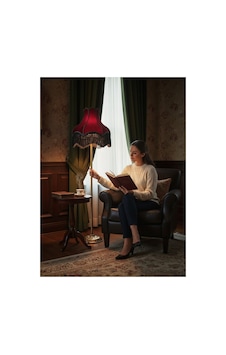 Bordo Füme Saçak Kumaş Kaplama Başlık Metal Ayaklı Klasik Şık Lambader 165x40cm