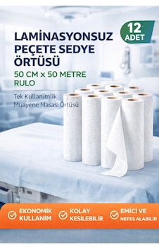 Laminasyonsuz Peçete Sedye Örtüsü 50 Cm X 50 Metre Rulo Tek Kullanımlık Muayene Masası Örtüsü 12 Adet Beyaz Laminasyonsuz Peçete Sedye Örtüsü 50 Cm X 50 Metre Rulo Tek Kullanımlık Muayene Masası Örtüsü 12 Adet Beyaz