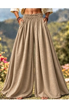 Defymoda Yüksek Belli Lastikli Geniş Paçalı Etek Pantolon Krem