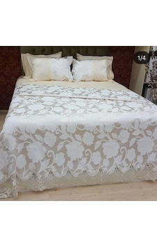 Ahu Lüks Güpürlü Polyester Pamuk Kumaş Bej Pike Takımı 6 Parça 45 Krem
