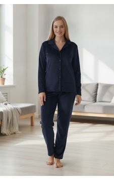 Estiva Kadın Önden Düğmeli Büyük Beden Kadife Pijama Takımı Lacivert