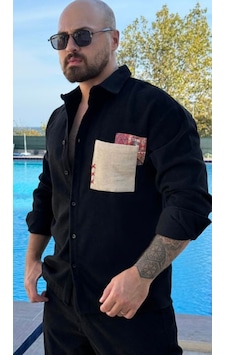 Serseri Jeans Erkek Bohem Etnik Cep Detaylı Gömlek Siyah