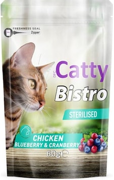 Catty Bistro Kısırlaştırılmış Tavuklu Yaban Mersinli Ve Kızılcıklı Kedi Ödül Maması 60 Gr Catty Bistro Kısırlaştırılmış Tavuklu Yaban Mersinli Ve Kızılcıklı Kedi Ödül Maması 60 Gr