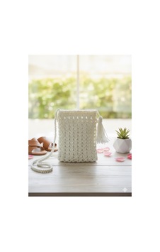 Execanta Çapraz Çanta Püsküllü Kağıt İp Örme Beyaz 16x21x55 Beyaz