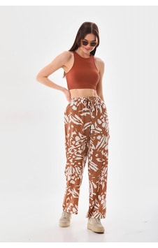 Polologin Butik Bol Paça Kahve Renkli Desen Bej
