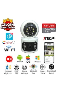O-kam 4047 3mp 3mp 4mp Wi-fi 2 Lens Alert Ptz Akıllı Masaüstü Kamera + 64gb Sd Kart Dahil