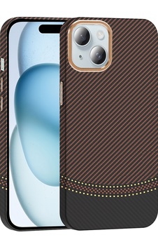 Apple Uyumlu iPhone 15 Kılıf Magsafe Şarj Özellikli Karbon Fiber Görünümlü Gros Kapak Gold-siyah