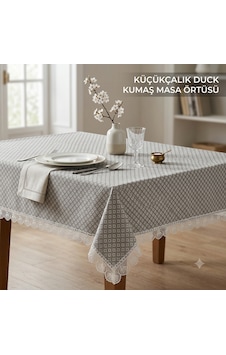 Küçükçalık Duck Kumaş Çiçeksi Gri Desenli Dantelli Masa Örtüsü