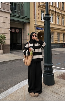 Nilza Dubai Kadın Siyah Tesettür Polo Yaka Çizgili Triko Alt Üst Takım Siyah