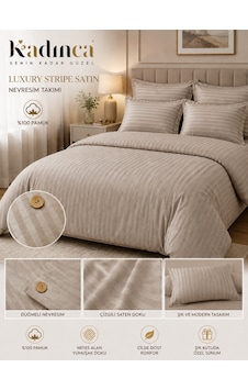 Luxury Stripe Pamuk Saten Nevresim Takımı 6parça Sütlü Kahve Luxury Stripe Pamuk Saten Nevresim Takımı 6parça Sütlü Kahve