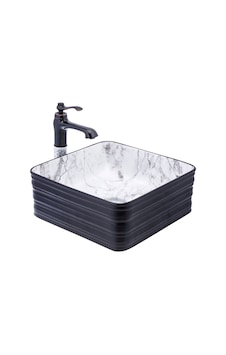 İsaoğlu Yapı Siyah Çanak Lavabo Mermer Desen Seramik Lavabo Banyo Çanak Kare 40x40 Armatür Hariçtir Siyah
