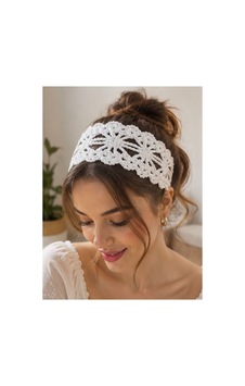 Bohem Stil El Örgüsü Saç Bandı Beyaz Beyaz
