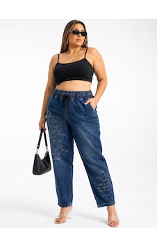 Trieste Büyük Beden Yüksek Bel Taş Yazı İşlemeli Beli Lastikli Bağcıklı Denim Kadın Pantolon Lacivert Trieste Büyük Beden Yüksek Bel Taş Yazı İşlemeli Beli Lastikli Bağcıklı Denim Kadın Pantolon Lacivert