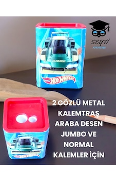 2 Gözlü Metal Kalemtraş Araba Desen Jumbo Ve Normal Kalemler İçin