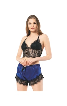 Kubatex Braletli Güpürlü Saten Babydoll - Bralet Şort Takım