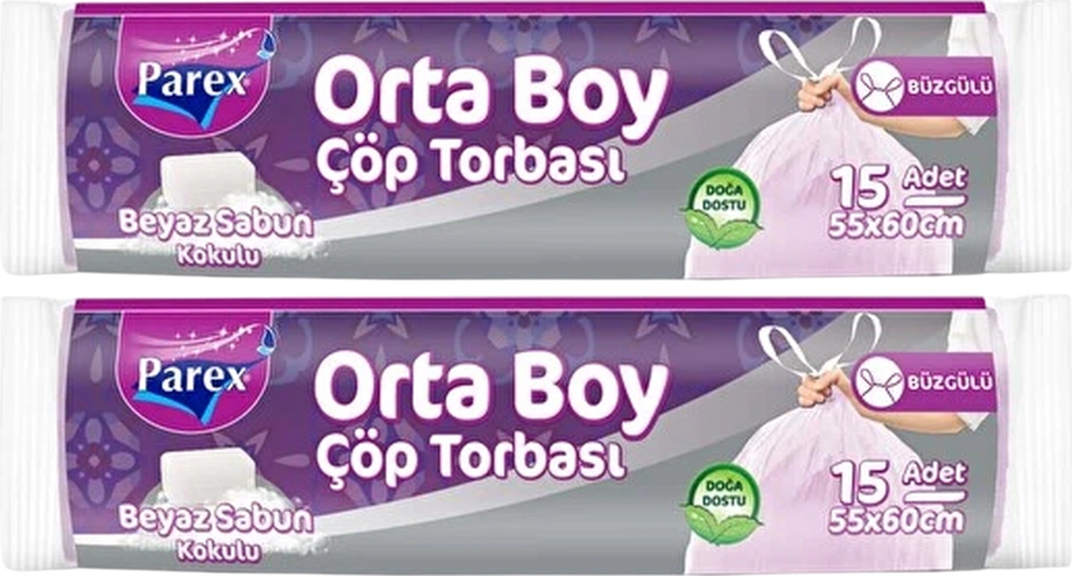 Büzgülü 15'li Çöp Torbası Beyaz Sabun Kokulu Orta Boy 55 X 60 Cm İkili Paket Büzgülü 15'li Çöp Torbası Beyaz Sabun Kokulu Orta Boy 55 X 60 Cm İkili Paket