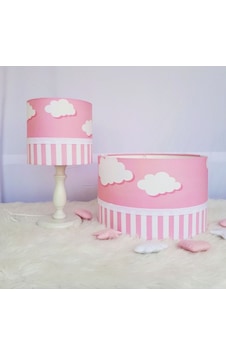 Pembe Bulutlu Çizgili Çocuk Odası Avize Abajur Set Pembe Pembe Bulutlu Çizgili Çocuk Odası Avize Abajur Set Pembe