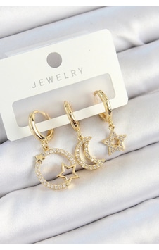 Pirinç Zirkon Taşlı Yıldız Ve Ay Model Gold Renk 3'lü Kadın Küpe Set Çok Renkli Pirinç Zirkon Taşlı Yıldız Ve Ay Model Gold Renk 3'lü Kadın Küpe Set Çok Renkli
