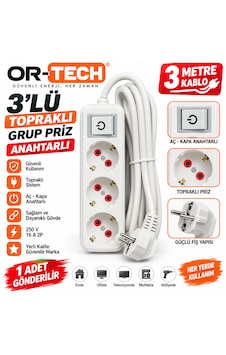 3 Üçlü Topraklı Grup Priz Anahtarlı 3 Metre Seyyar Uzatmalı 250 V 16 A 2p 1 Adet Gönderilir 3 M