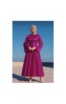 Defymoda Kadın Özgün Tasarım Saten Kumaş Dik Yaka Uzun Kollu Tesettür Abiye Fuşya
