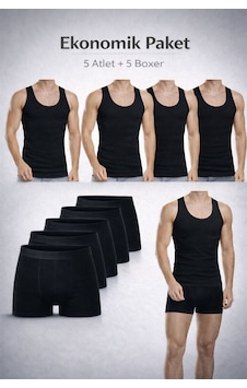 Qulat Erkek Atlet Boxer Seti 10 Lu Ekonomik Paket 5 Atlet + 5 Boxer Pamuklu İç Giyim Siyah Qulat Erkek Atlet Boxer Seti 10 Lu Ekonomik Paket 5 Atlet + 5 Boxer Pamuklu İç Giyim Siyah