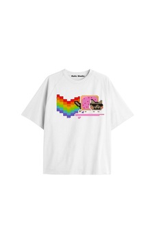 Kalic Studio Nyan Nyan Cat Oversize Unisex T-shirt Beyaz Bordo